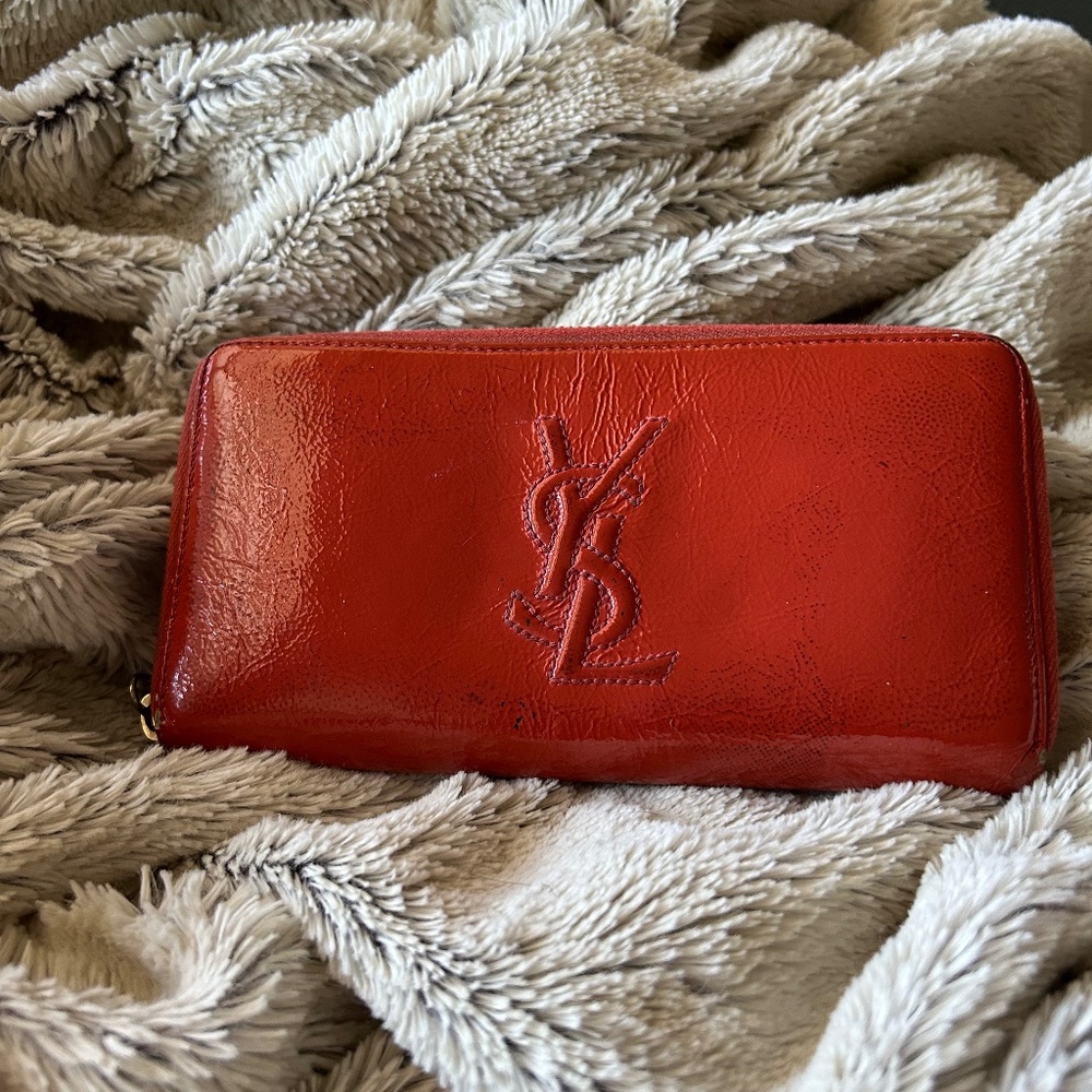 YSL Yves St. Laurent Patent Leather Orange Long Ziparound Wallet